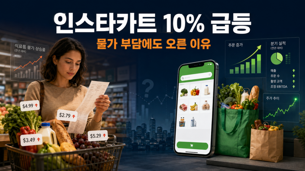 미국 식료품 물가 부담과 인스타카트 실적 개선에 따른 주가 상승을 표현한 이미지