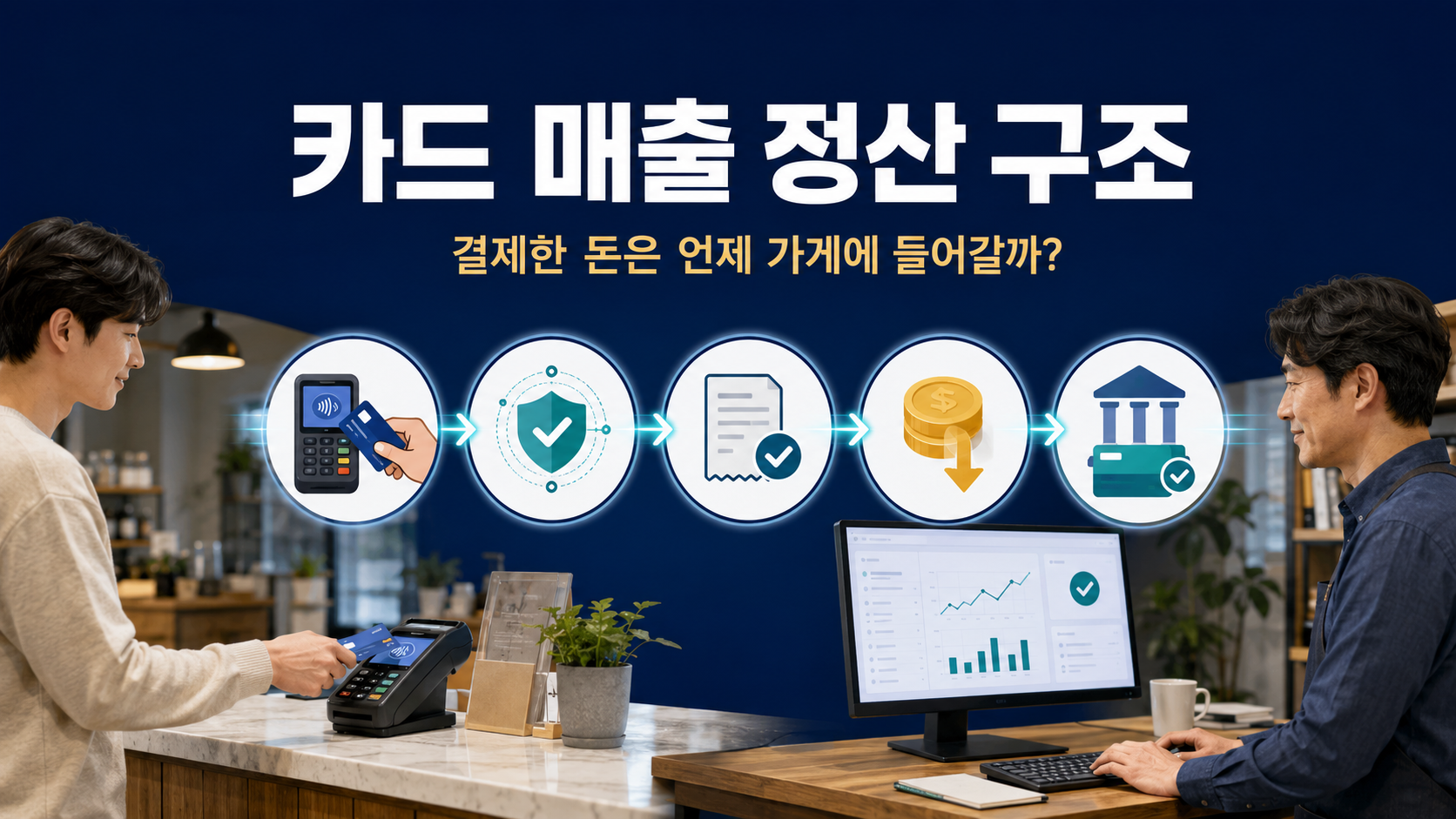 카드 결제 승인부터 매출전표 매입과 수수료 공제를 거쳐 가맹점 계좌에 입금되는 카드 매출 정산 구조 이미지