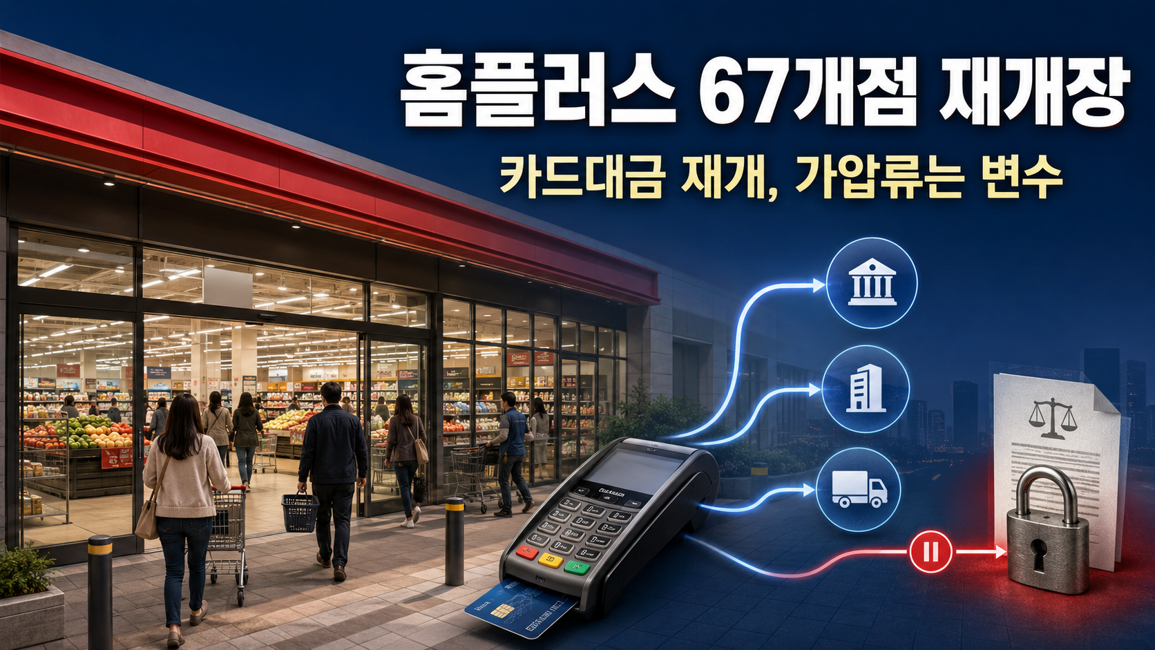홈플러스 67개 점포 재개장과 카드대금 지급 재개, 협력업체 가압류 변수를 표현한 경제뉴스 이미지